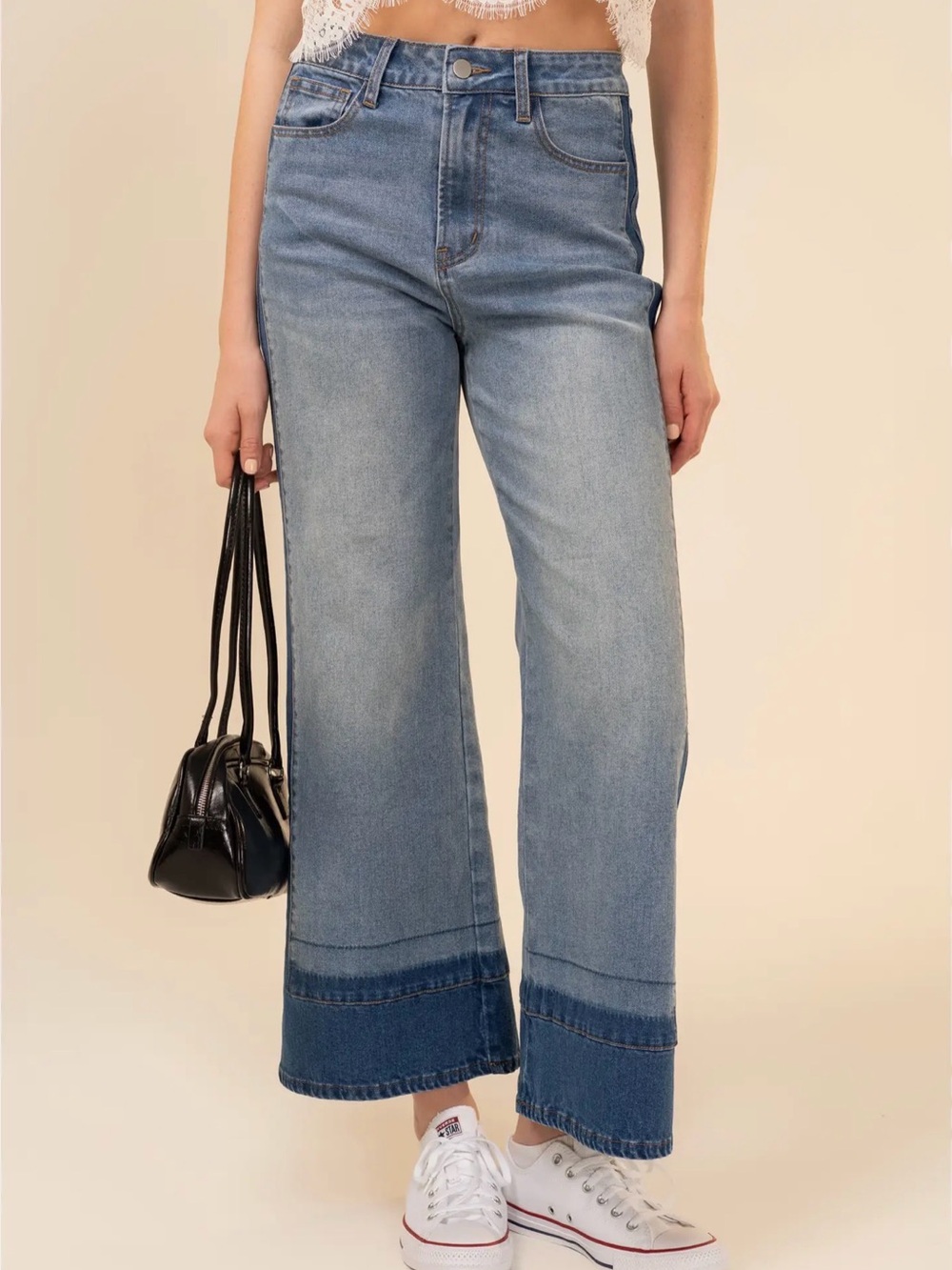 High-Rise Light Blue Wide-Leg Jeans with Dark Hem. BLUE B